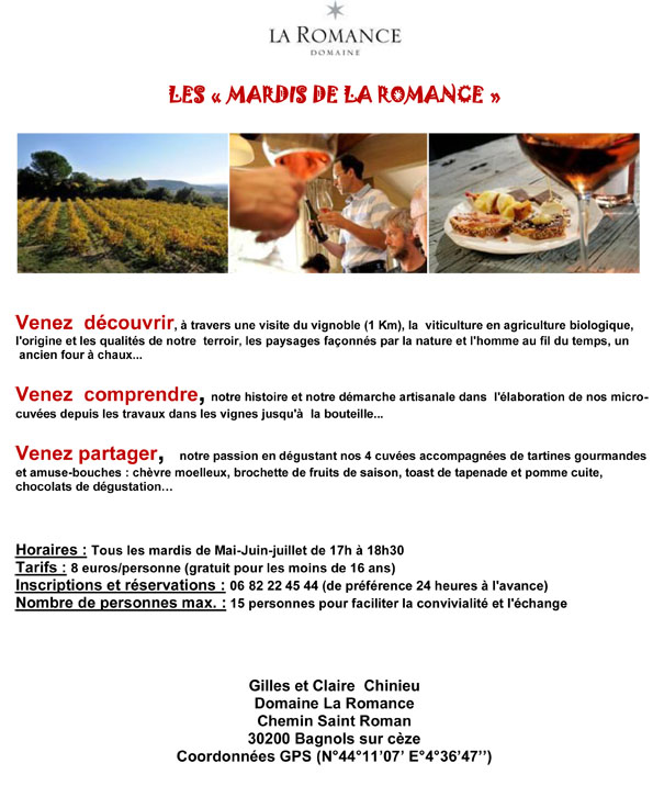 Les Mardis de La Romance reprennent à partir du mardi 2 mai domaine vin 