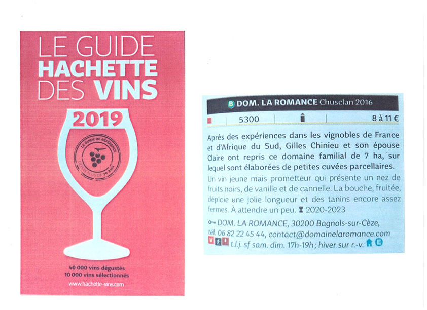 Domaine La Romance dans le guide Hachette 2019 vins 